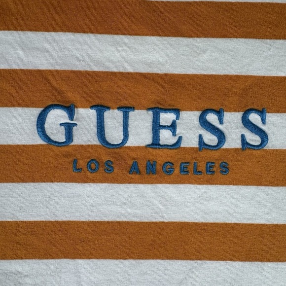 Guess Los Angeles Striped T Shirt Embroidered Adult Size Small Orange White - Picture 2 of 9